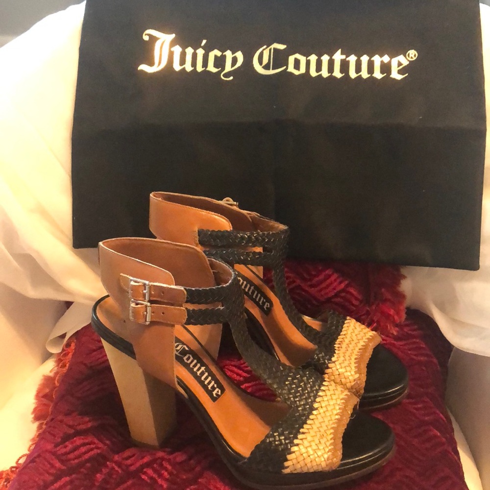 Juicy Couture navy & tan strapped block heels